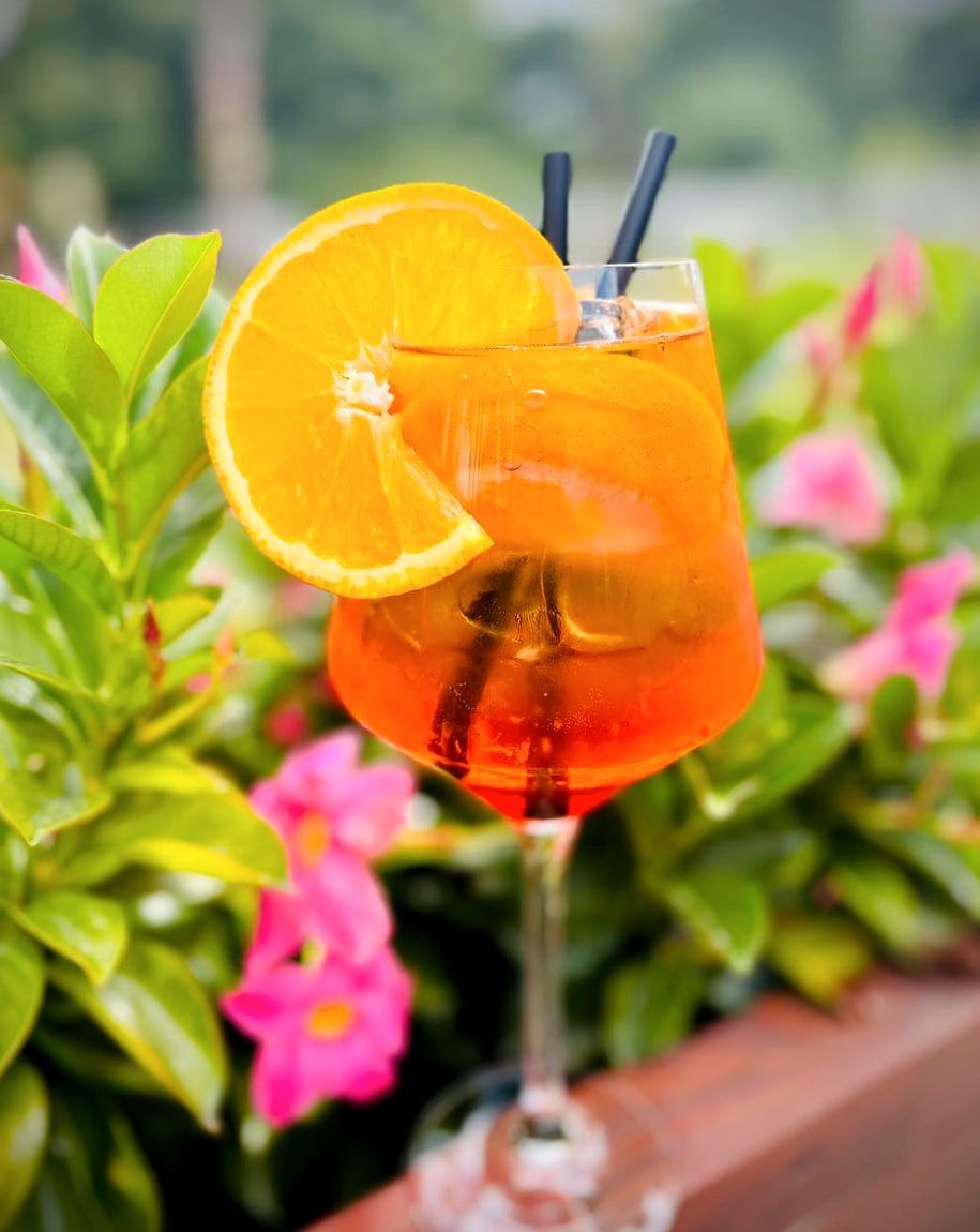 Aperol Spritz z plasterkiem pomarańczy na tle kwiatów w ogródku